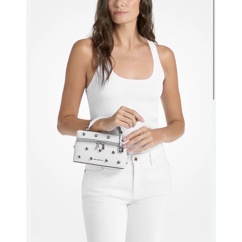 MICHAEL KORS Jana Extra-Small Studded Leather Crossbody White Bag.